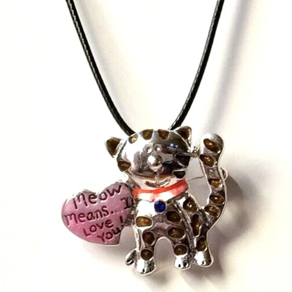 Kitty Cat Pin Brooch Pendant MEOW MEANS LOVE Cat MOM Heart Silver Plated - Picture 3 of 12